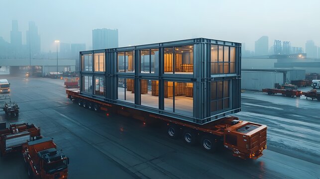 Transporting a prefabricated steel structure on a truck, highlighting ease of mobility and lightweight materials, 8K realistic