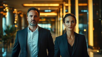 Elegant business professionals confidently walking through a modern office, radiating sophistication and determination.