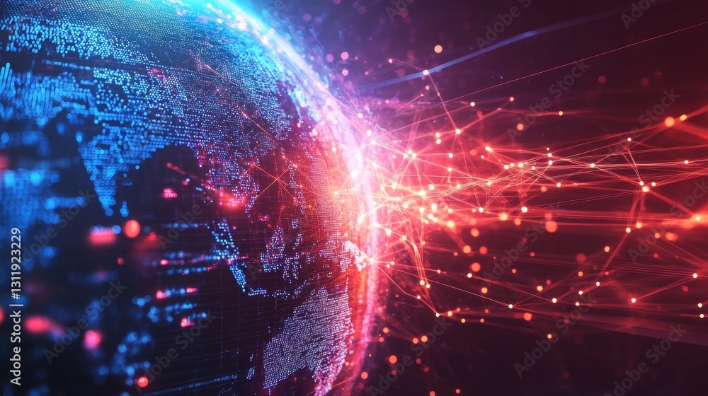 Poster globe with glowing distribution lines illuminating global connections digital landscape infographic 