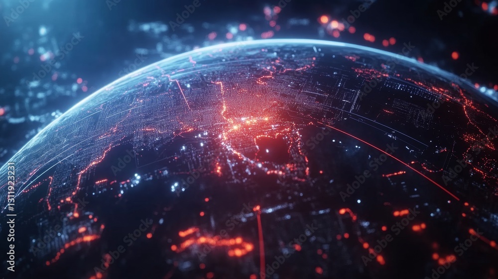 Poster connecting the world globe with glowing distribution lines global digital visualization tech environ