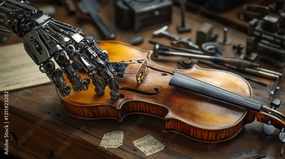 Poster a close-up of a robotic hand inspecting a polished wooden violin on a workbench, surrounded by tools