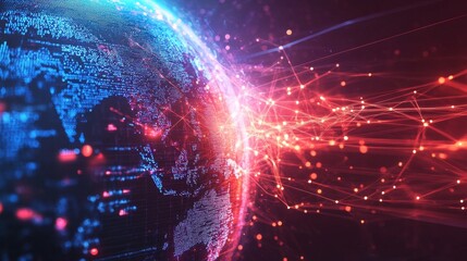 Globe with glowing distribution lines illuminating global connections digital landscape infographic tech environment globalization concept