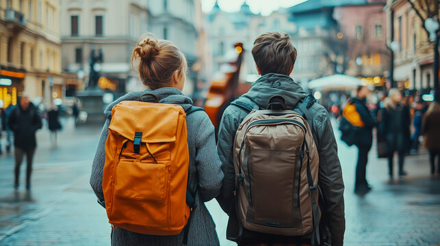 Two people with backpacks wander a city street, exploring the urban landscape with anticipation and a shared sense of discovery.