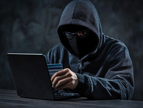 Cyber crime incident hacker using laptop to commit fraud dark room digital art suspenseful atmosphere close-up perspective