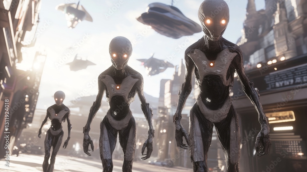 Poster group of futuristic humanoid robots with glowing red eyes walking through a sci-fi city. hovering sh