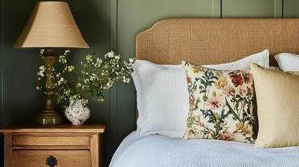 Elegant English interiors, featuring rich fabrics, delicate floral patterns, and timeless decor with a romantic and sophisticated atmosphere