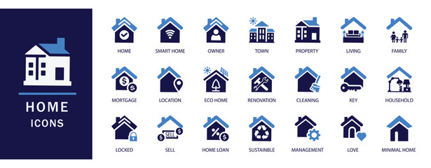 A modern home icon set.Featuring icons with blue highlights. Includes smart home, mortgage, eco home, renovation, cleaning, property, and real estate.  Perfect for web, apps, and infographics.