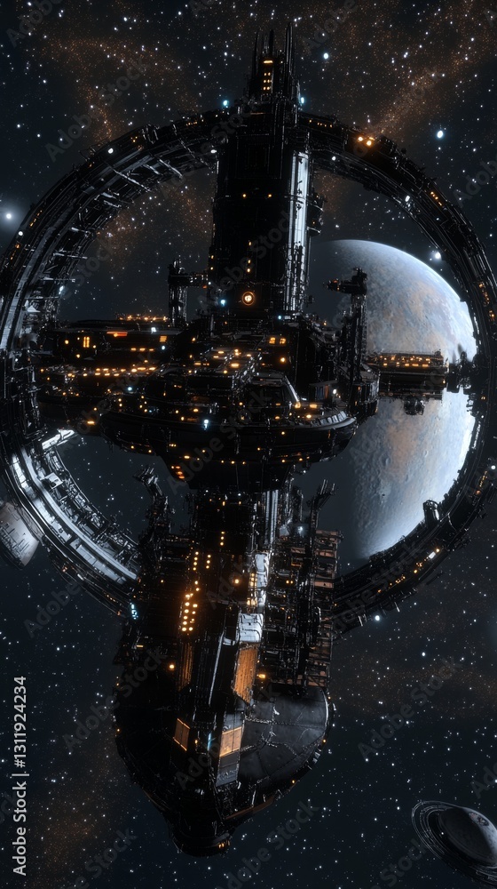Poster a large, glowing orbital space station floating above a distant earth. the intricate sci-fi structur
