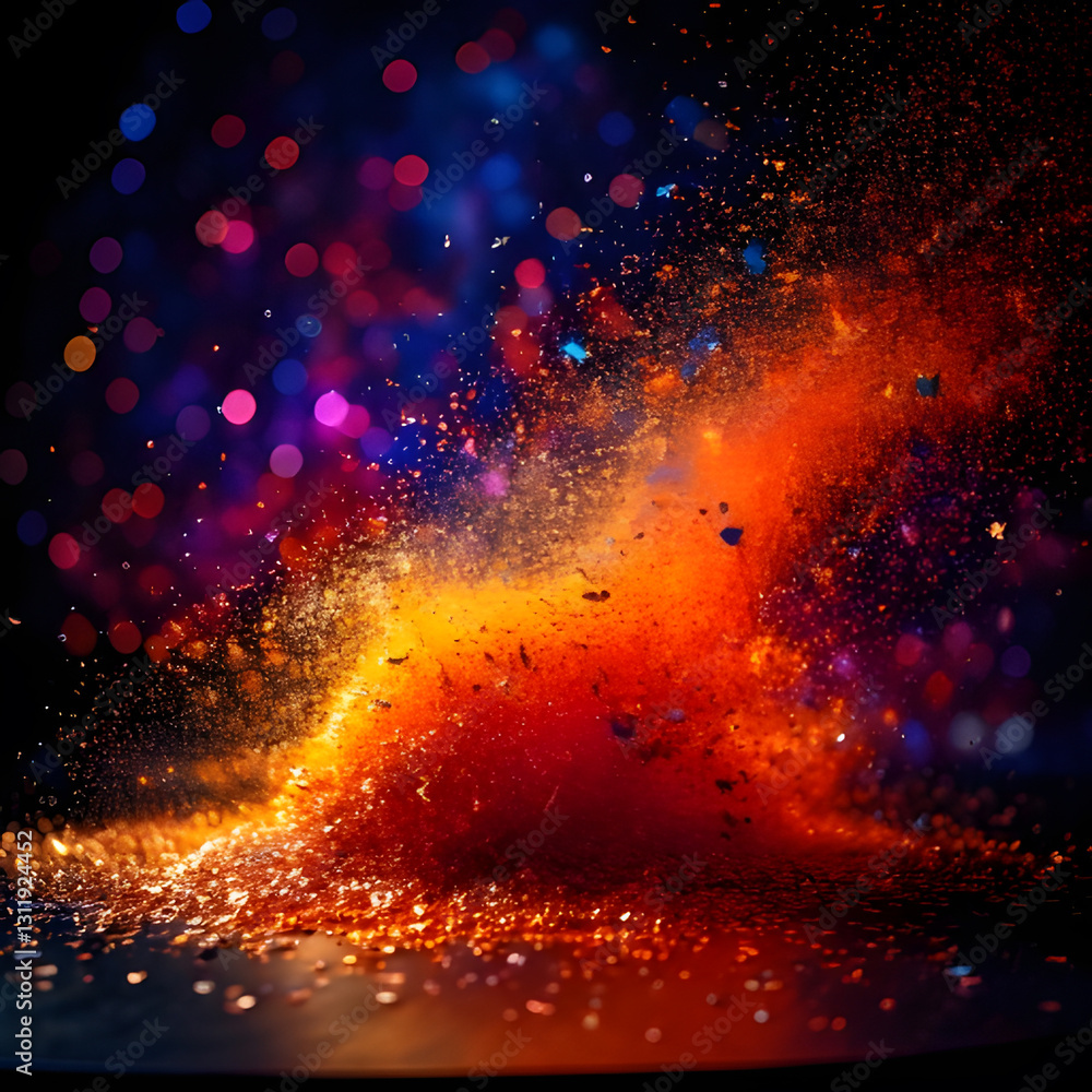 Poster a vibrant explosion of fiery particles and colorful bokeh lights against a dark backdrop, capturing 
