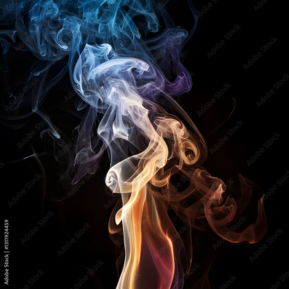 Poster a mesmerizing dance of colored smoke against a dark backdrop, creating an ethereal and dynamic visua