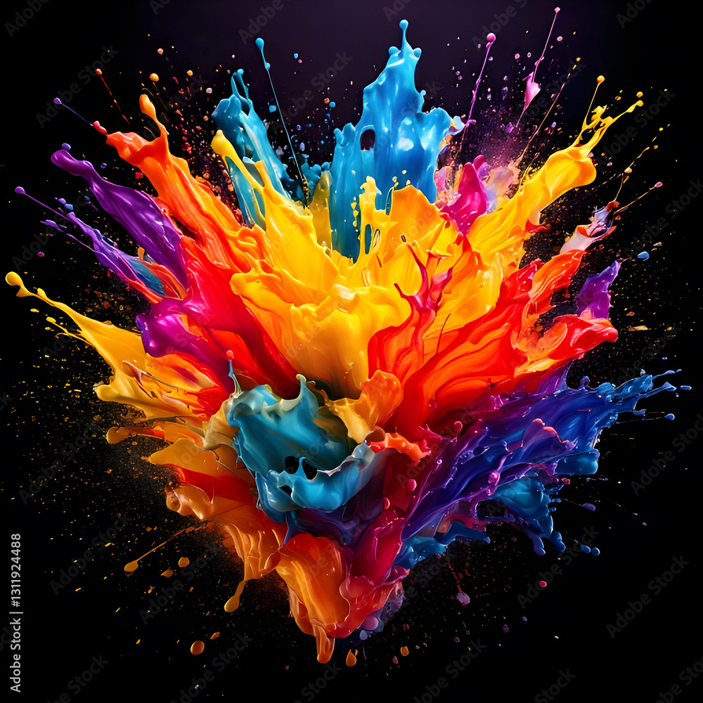 Poster a vibrant explosion of colorful paints against a dark background, creating a dynamic abstract form w