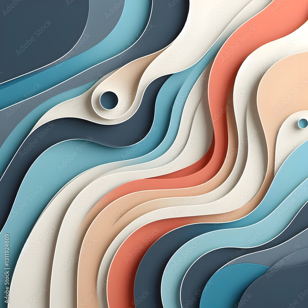 Poster a layered, abstract design with flowing, organic shapes in soft, muted tones, creating a sense of de