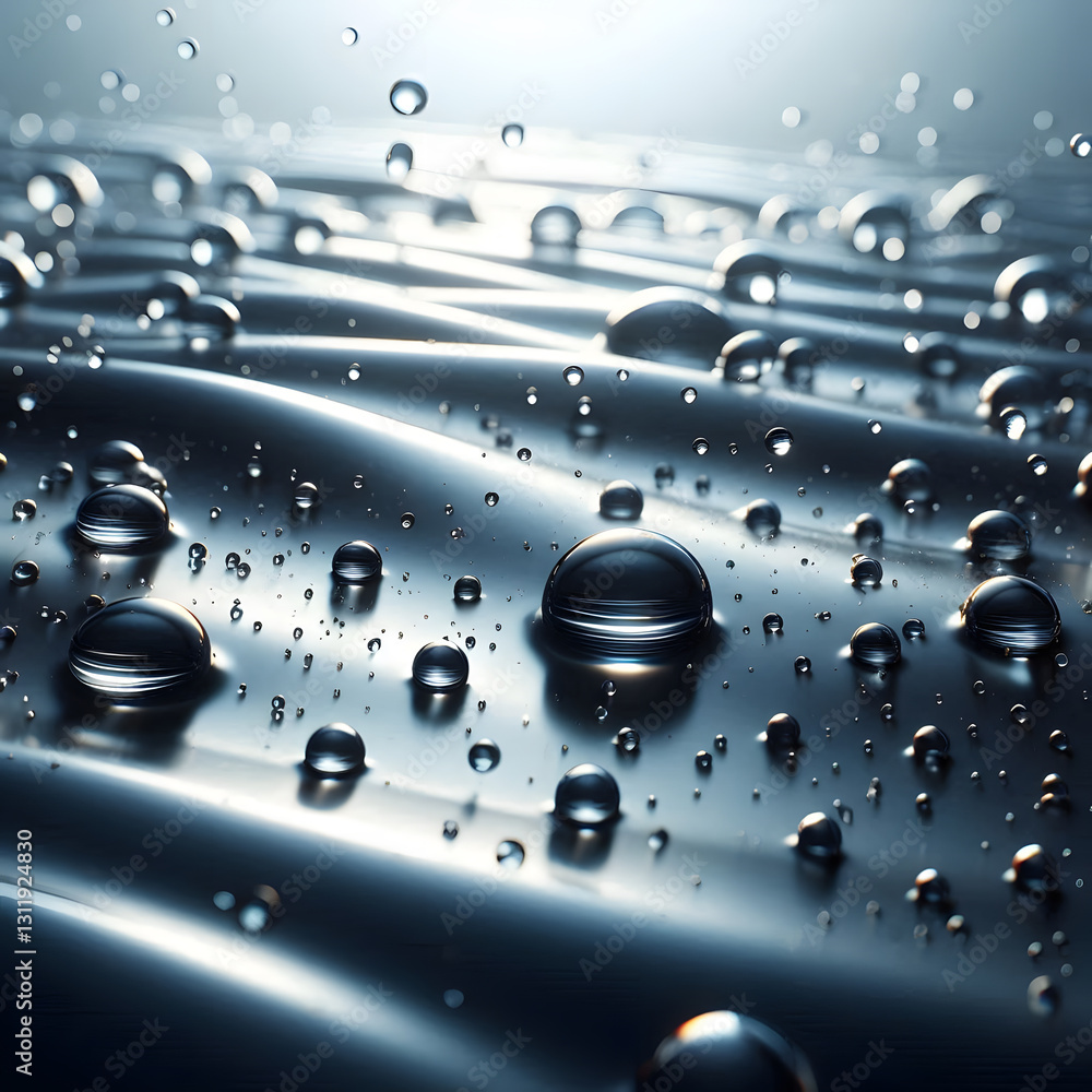 Poster a close-up, 3d rendered image of water droplets on a textured, metallic surface with a soft, diffuse