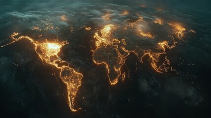 Mapping global connections world digital art virtual environment aerial view glowing distribution lines