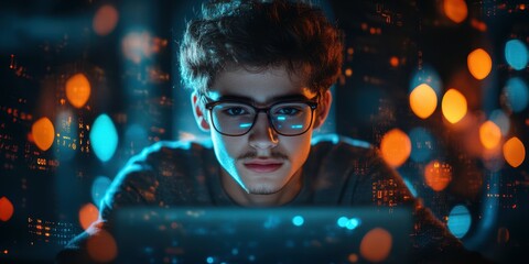 Focused teenager working on computer at night with glowing lights and digital effects surrounding him