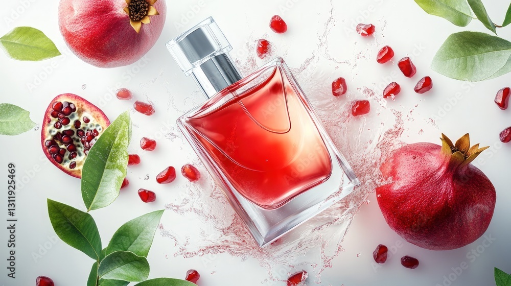 Poster elegant perfume bottle surrounded by pomegranate seeds on red background with splash effect