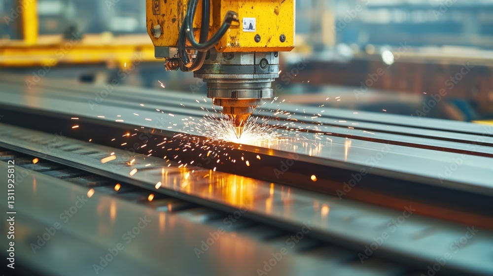 Poster precision cutting with laser technology in an industrial setting creating sparks and bright light on