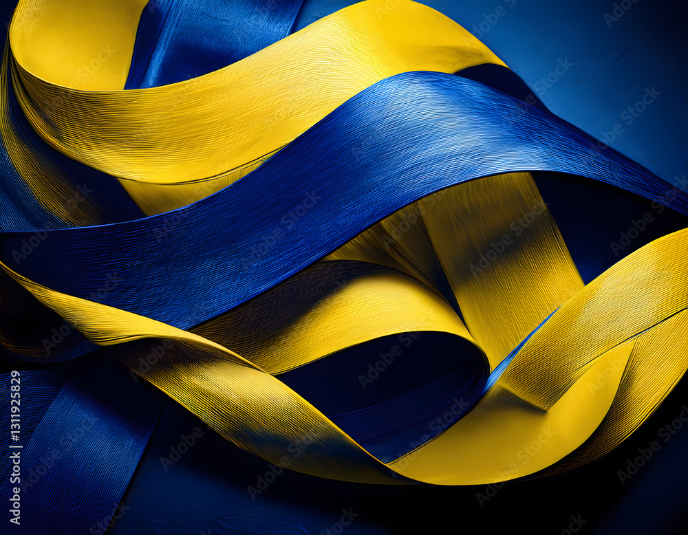 Poster wavy blue and yellow ribbons create a dynamic, flowing abstract pattern with a textured background