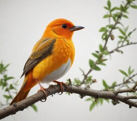 Fototapeta premium Orange bird perched on a branch isolated on white background, perch, wildlife