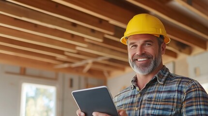 Confident construction worker in hard hat using tablet, looking at camera, wood ceiling beams, bright interior space, modern building project atmosphere, professional setting