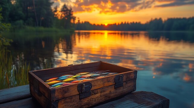 Fishing tackle box with vibrant lures and tools sitting on a wooden pier by a serene lake at sunset