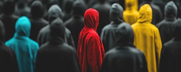 Obraz premium A solitary figure in a colorful hood stands out among a crowd of anonymous figures.
