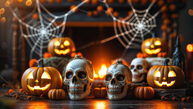 Festive Halloween still life featuring sugar skulls and glowing jack-o'-lanterns with spooky spider webs.