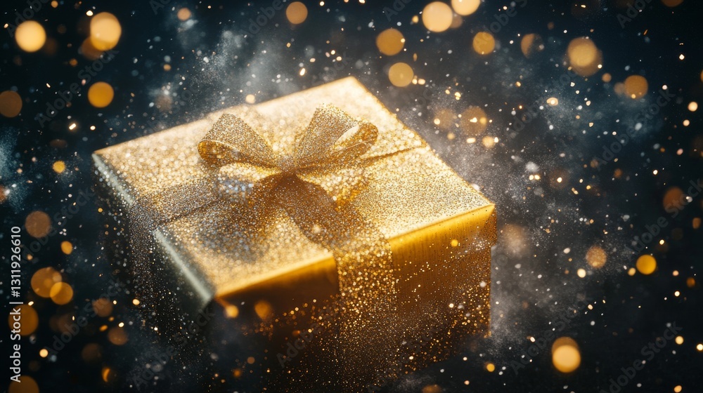 Poster a luxurious golden gift box covered in sparkling glitter and tied with an elegant ribbon. the scene 