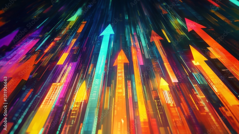 Poster a futuristic abstract scene featuring brightly colored arrows in motion, symbolizing technology, gro