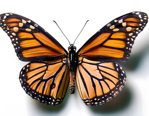 Monarch butterfly with open wings displays vibrant orange and black pattern, a close-up studio shot