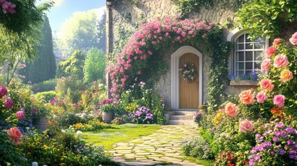 Fototapeta premium Enchanting cottage entrance adorned with vibrant floral arrangements and climbing roses