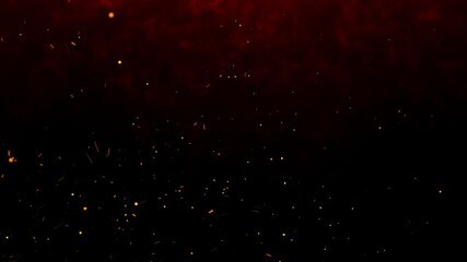 Fiery orange glowing flying ember particles on black background. Burning red hot sparks rise from light fire loop background of bonfire.