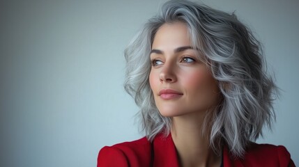 Fototapeta premium Young woman with wavy silver hair wearing a red blazer, gazing thoughtfully to the side, capturing a moment of elegance and confidence against a neutral backdrop