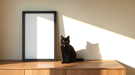 A black cat sits on a wooden cabinet beside a blank frame, bathed in warm sunlight. Its shadow is cast on the wall, creating a minimalist and artistic scene with geometric contrasts.