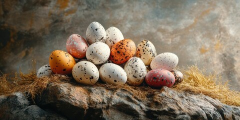 Obraz premium Colorful speckled eggs arranged on a rocky surface with natural elements in warm lighting