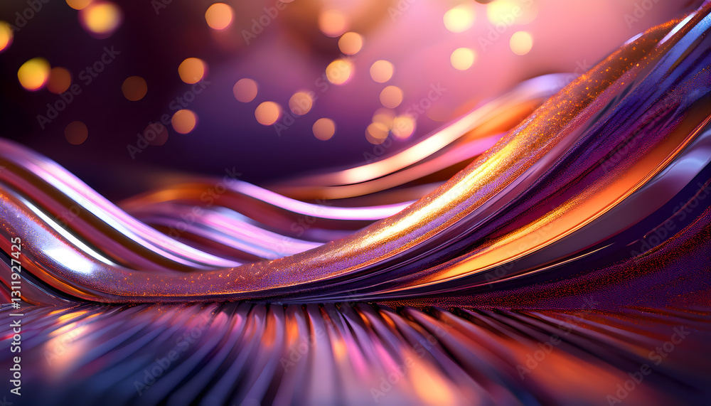 Poster metallic waves with a soft sheen, reflecting warm and cool tones, creating a fluid, abstract texture