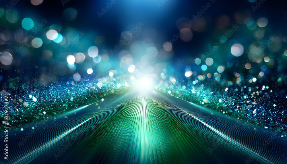 Poster luminous lines radiate from a central point on a textured green surface, with bokeh lights and a bri