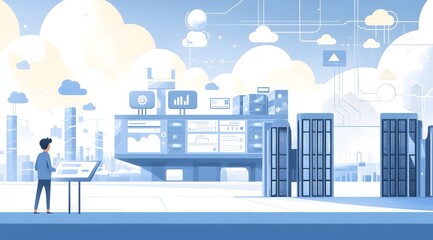 Naklejka premium Cloud Computing Infrastructure with Data Center and Monitoring