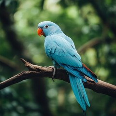 Obraz premium A beautiful blue parrot sits on a branch, looking to the side. Natural lighting and detailed feathers are visible.