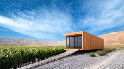 Obraz premium Modern Wooden Cabin in Scenic Vineyard Landscape with Blue Sky