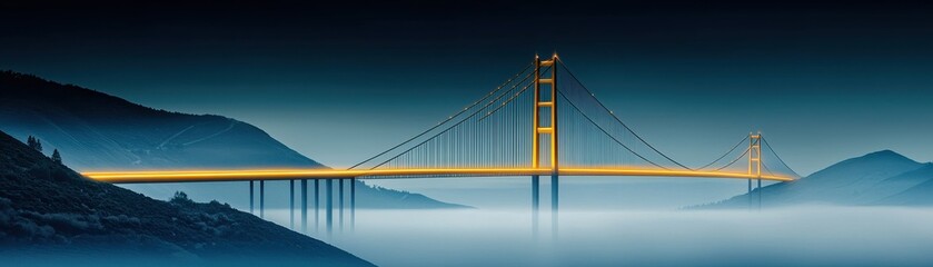 Obraz premium A stunning view of a bridge illuminated against a misty twilight background.