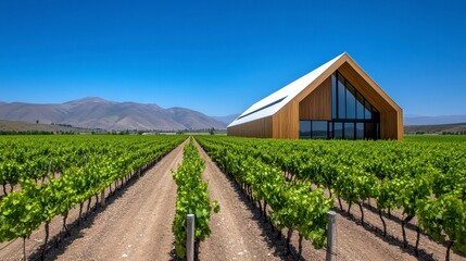 Modern Vineyard Building Surrounded by Lush Grape Vines and Mountains