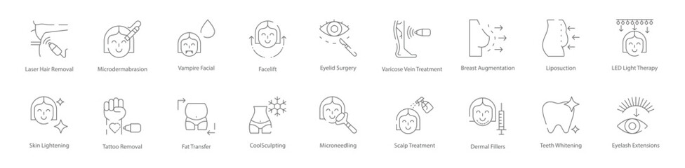 Laser Hair Removal, Vampire Facial, Facelift, Rhinoplasty, Breast Augmentation, Liposuction, and Teeth Whitening Vector Icon Set