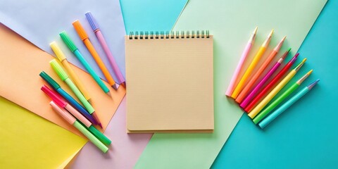 Fototapeta premium Blank Spiral Notebook Surrounded by Vibrant Colored Markers and Pencils on a Pastel Background