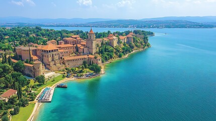 Obraz premium Aerial view of a historic lakeside town with terracotta buildings, lush greenery, and clear turquoise water.