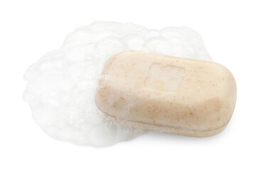 Bar soap with foam on white background