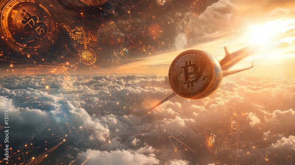 Poster a bold bitcoin symbol shoots through the glowing skies surrounded by a digital network. a conceptual