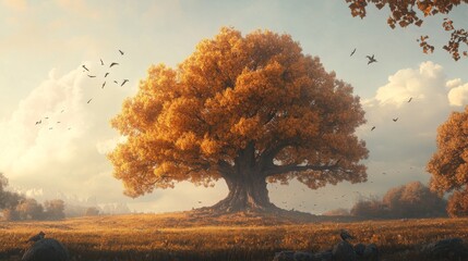 A serene landscape featuring a majestic oak tree with golden leaves standing in the center of a peaceful meadow, surrounded by birds in flight under a soft sky.. AI Generation