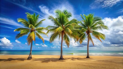 Obraz premium Tranquil Coastal Scene Featuring Three Majestic Palm Trees on a Sandy Beach Under a Vivid Sky