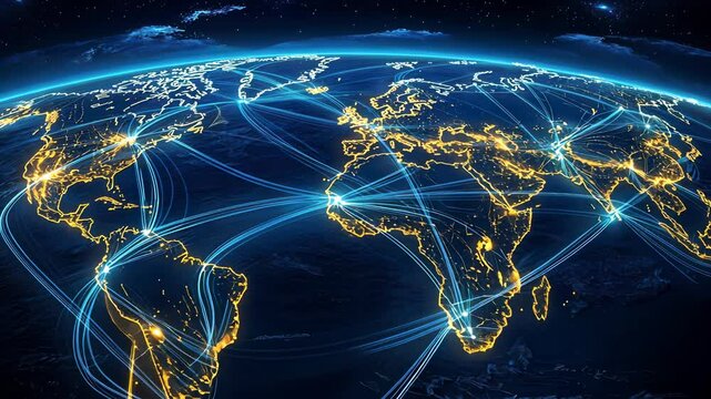 Illuminated world map with connecting lines symbolizing Shipping's global logistic and trade network at night various transportation modes ships, trucks, planes video 4k